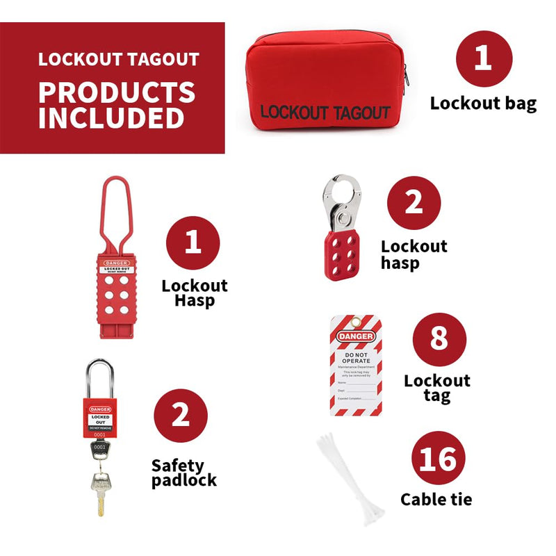 Lockout Tagout Kit Safety Electrical Loto Group Hasps Each Red Padlock with 2 Differ Key 8X Tagout Tags 1x 1 Nylon Buckle 1x Pocket Bag HLM29