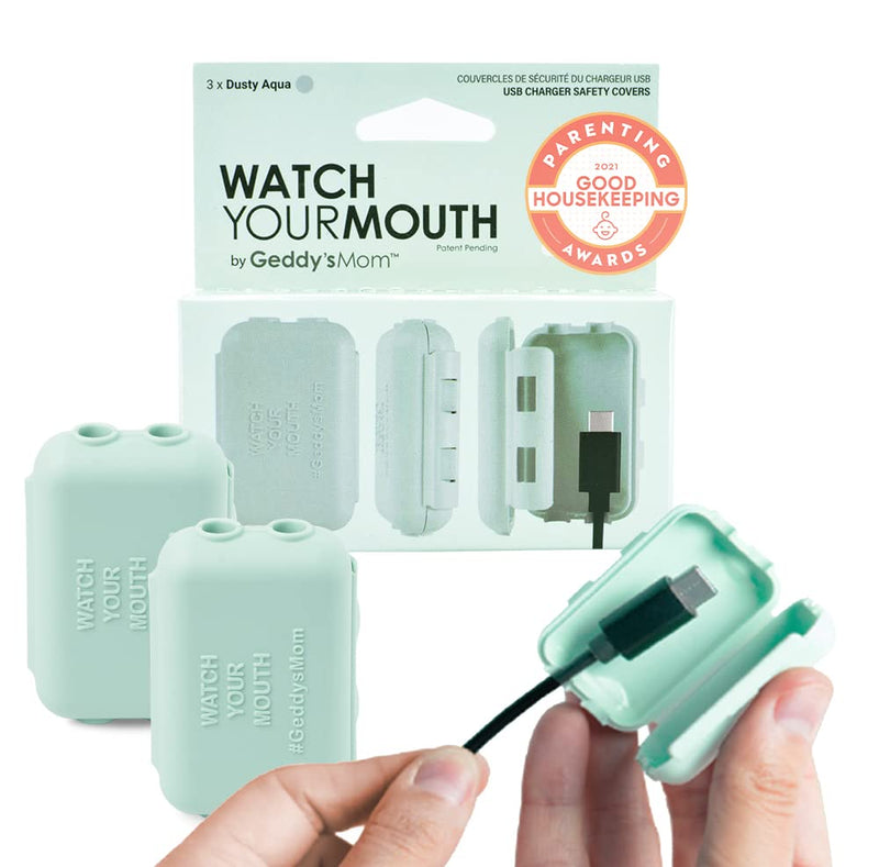Watch Your Mouth Baby Proof Cord Cover | Award-Winning USB Charger Cover for Baby Proofing Cords | BPA & Phthalate-Free Charger Cover Protector | Electrical Safety Baby Products, (3-Pack, Dusty Aqua) 3/Pack