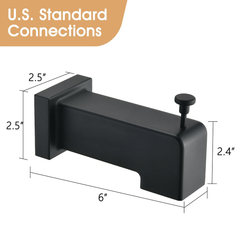 Slip On Diverter Tub Spout, Sleek Square Design for Bathroom, Fits 1/2" Copper Pipe (5/8" OD), Child-Safe Rounded Edges, Easy Installation, Matte Black