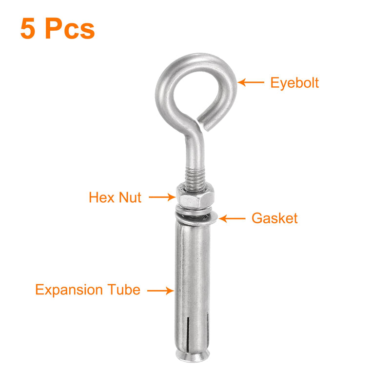 uxcell 5Pcs M6 304 Stainless Steel Expansion Eyebolt, Closed Hook Expansion Bolt Screw Concrete Eyebolt for Wall Ceiling Concrete Masonry 5