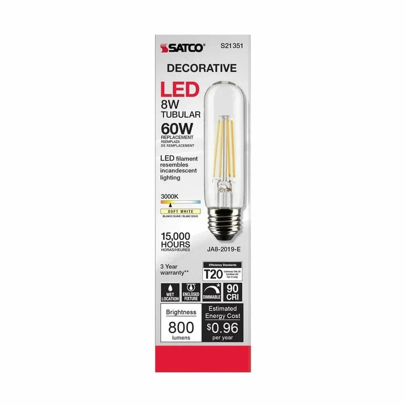 Satco 8-Watt LED Filament T10 Light Bulbs, 3000K Soft White, 800 Lumen, E26 Medium Base, 15000 Hour Rating, Dimmable, Wet Location, 6 Pack