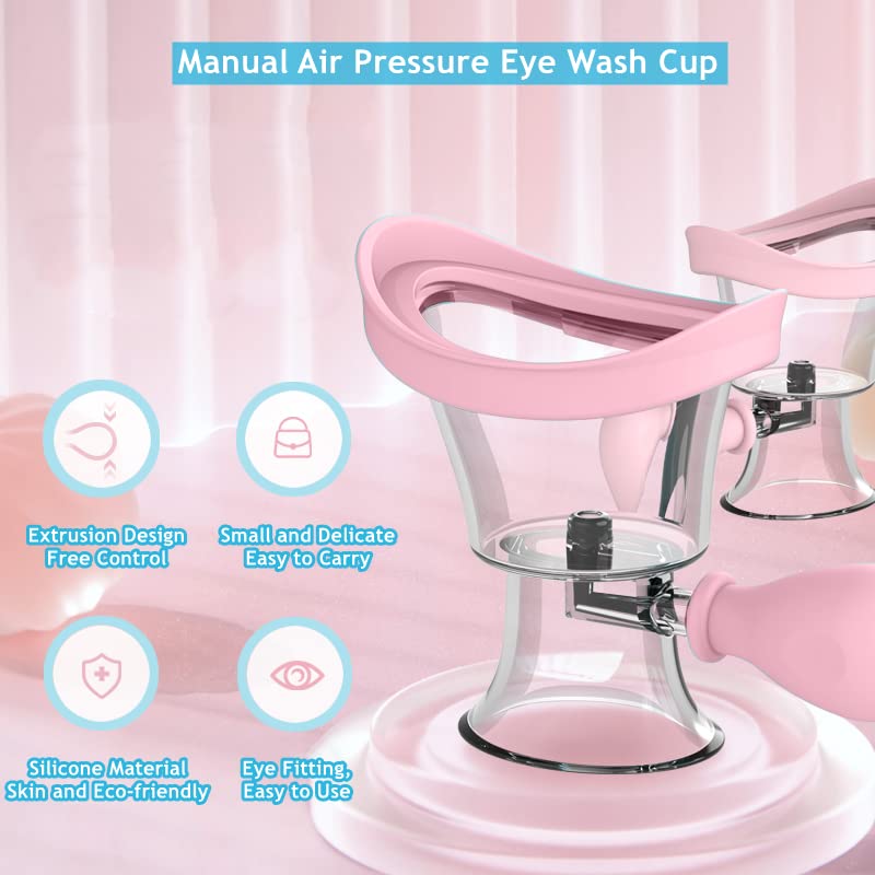 Eye Wash Cup Portable Eye Cleaner Kit Silicone Manual Air Pressure Eye Flush Rinse Cups with Storage Container Eye Washer Bath Kit Cleaning Makeup Dust Irritants Soothing Eyes(Light Pink) Light Pink