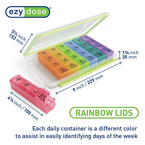 Ezy Dose Weekly (7-Day) Pill Case, Medicine Planner, Vitamin Organizer Box, Convenient and Easy to Use, X-Large Pop-Out Compartments, 4 Times a Day, Rainbow Lids with Case, BPA Free