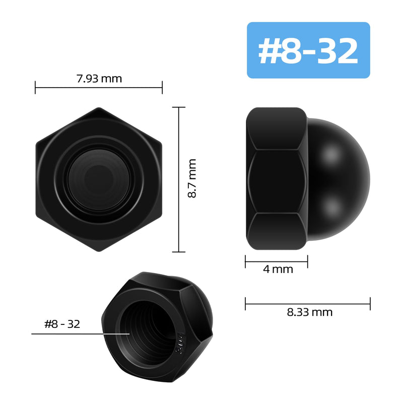 #8-32 Hex Head Acorn Cap Nuts, 304 Stainless Steel 18-8 Black Coating Acorn Nuts, Hex Drive, Black Finish, 50 PCS #8-32