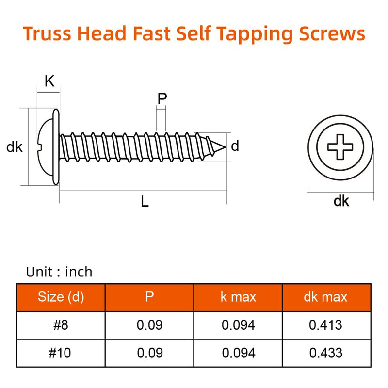 #8 x 1/2" Truss Head Fast Self Tapping Screws, Alloy Steel Wood Screws, White Head, 100 PCS #8 x 1/2"