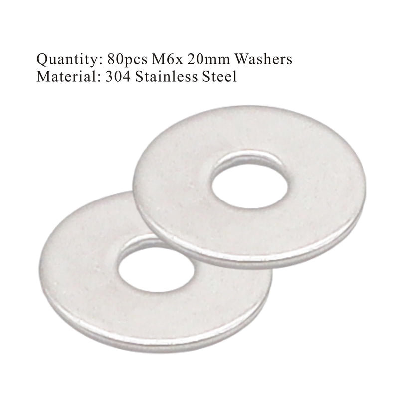 M6 x 20mm Flat Washer, 304 Stainless Steel Washers Flat, M6 Washers Flat OD 20mm | Thickness 1.5mm; 80Pcs M6*20 -80pcs