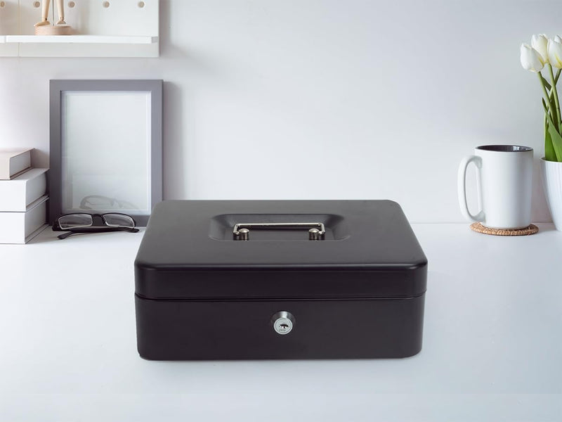 Cash Box with Lock and Money Tray Metal Money Box Large Cash Lock Box for Money 9.84" x 7.87" x 3.54" Black Black-Large