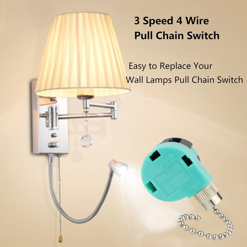Ceiling Fan Switch 3 Speed 4 Wire Zing Ear ZE-268S6 Pull Chain Cord Switch Replacement for Ceiling Fans,Wall Lamps,Cabinet Light (Nickel Pull Chain) Nickel + Pull Chain - NewNest Australia