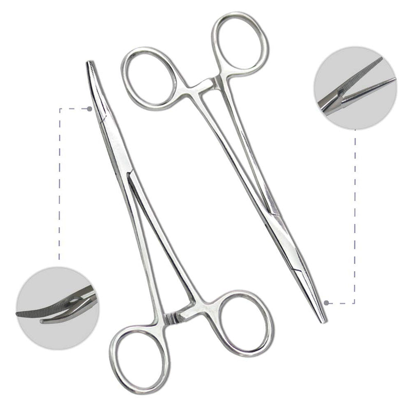 Pets ears/nose hair Puller Straight & Curved full serrated, stainless steel Home Hemostat Locking Forceps, Professional pet grooming tool for cats & dogs 2pcs set Silvery