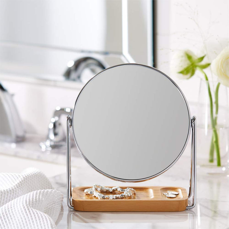 Amazon Basics Vanity Round Tabletop Mirror with 360° Rotation, Double Sided 1x/5x Magnification, Chrome Finish, Squared Bamboo Tray, 7.2"L x 3.35"W 7.2"L x 3.4"W Chrome Rim with Bamboo Base