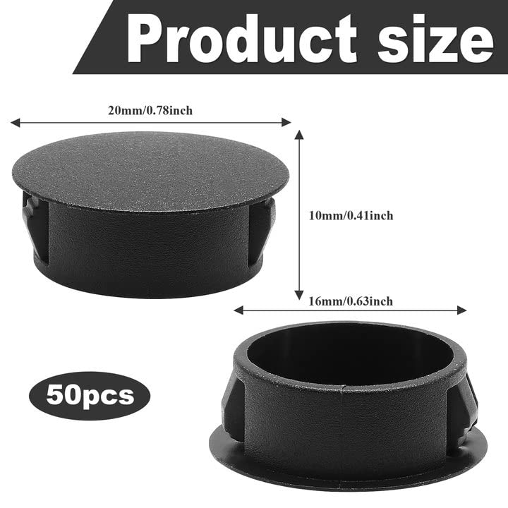 50Pcs Black Plastic Hole Plugs, 5/8Inch (16mm) Round Flush Mount Hole Plug Panel Plug Snap for Table, Chair, Furniture 16mm (5/8Inch)