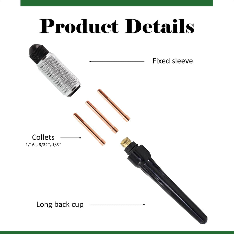 TIG Welding Tungsten Gripper Holder Set TIG Collet Long Back Cup and Fixed Sleeve Kit Tungsten Polish Gripper 5PCS