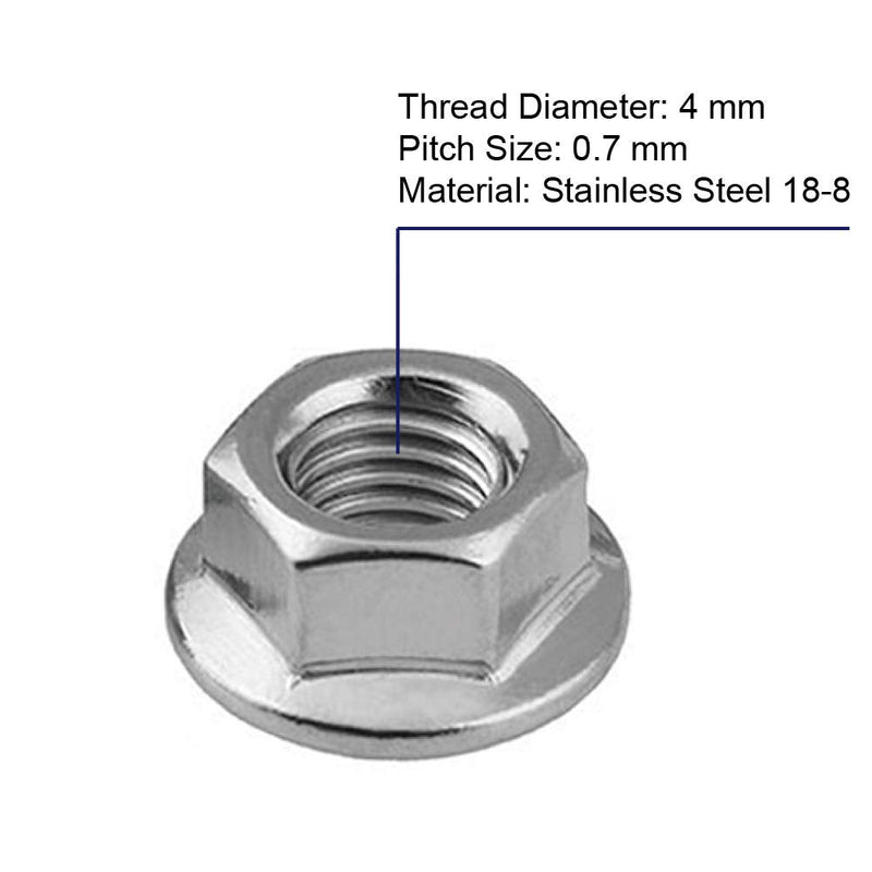 M4 Serrated Flange Nuts Flanged Locknuts, Stainless Steel 18-8 (304), Bright Finish, 50 PCS M4