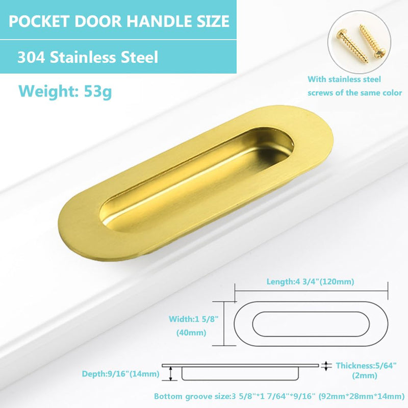 Sliding Pocket Door Hidden Handle, 304 Stainless Steel Pocket Door Hardware, Recessed Flush Finger Pulls, Heavy Duty Edge Pull with Pop Out Ring Pull (Gold, 4.72 inch) Gold