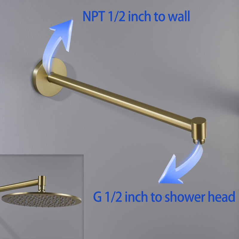 Wall Mounted Shower Arm 16 Inch Extension Pipe Shower Head Holder Stainless Steel for Bathroom Accessories Brushed Gold,SW-91088-16BG.