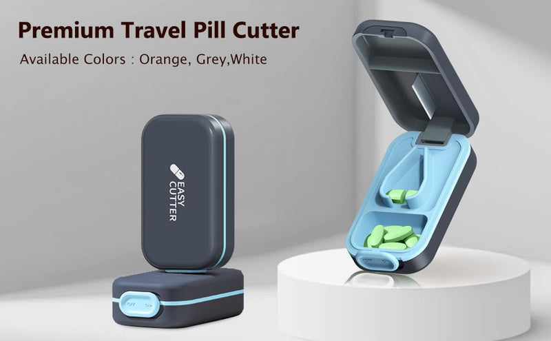 Pill Cutter | Best Cutter for Small or Large Pills |with Safety Lock Buckle Design in The USA| Cuts Vitamins | Pill Splitter Detachable Silicone pad Easy to wash with Crystal Pill Box (Grey) Azure
