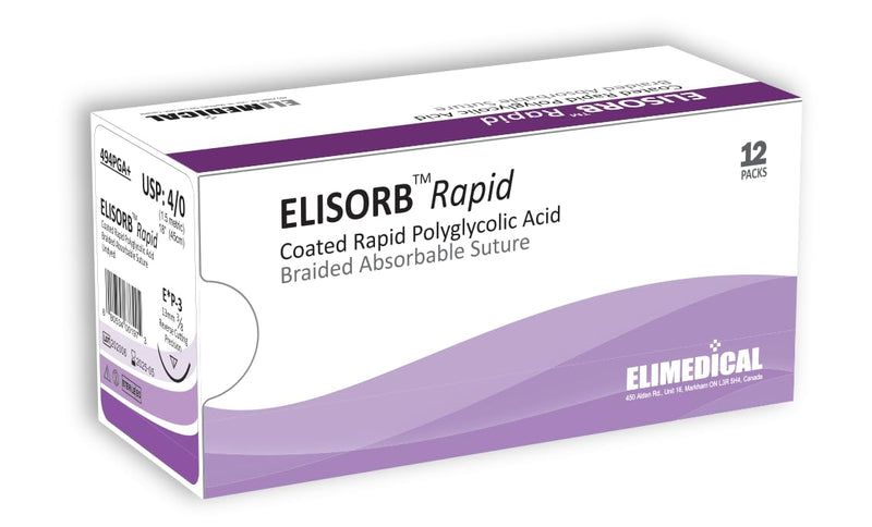 ELISORB Rapid Suture with Precision Reverse Cut Needle, 12 Pack. Sutures for Surgical Wound Training Students, Practice and Educational Use. Multifil Rapid Absorbable PGA 4/0 VQ UN, 18”, P3, 494PGA+