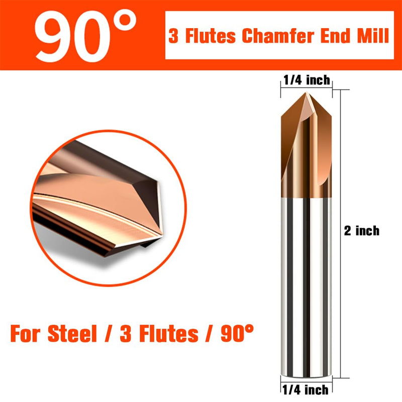 Carbide Chamfer End Mill 90 Degree 1/4" Shank Dia - Carving Bits, V Groove,Tisin Coated 3 Flute - for Alloy Steels, Hardened Steels 1/4" 90° for Steel