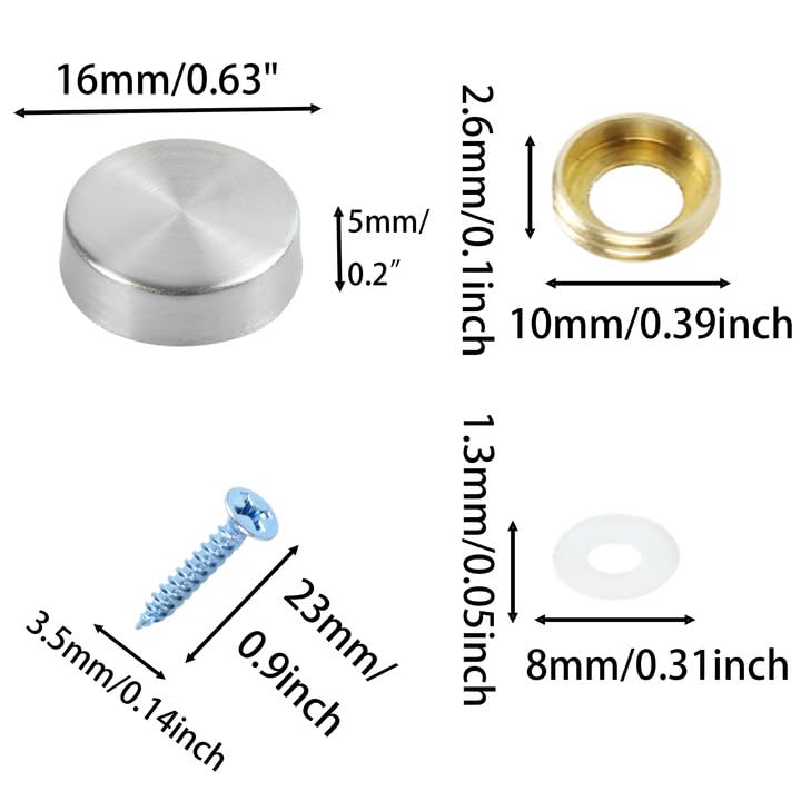 24PCS 16mm/0.63” Mirror Screws Decorative Cover Caps, Stainless Steel Sign Advertising Screws, Mirror Screw Fasteners Nails, Brushed Silver 16mm/0.63”-24PCS