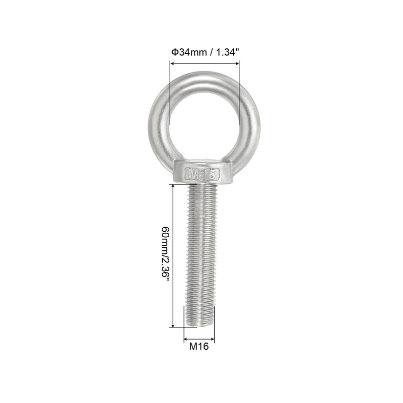PATIKIL M16 x 60mm Lifting Shoulder Eye Bolt, 304 Stainless Steel Lifting Ring Threaded Eyebolt with Nuts Washers for Hanging Hammocks Articles 1