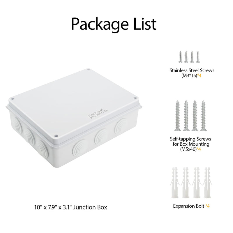 LeMotech Junction Box, ABS Plastic IP65 Waterproof and Dustproof, Universal Electrical Enclosure, Outdoor and Indoor Project Box 10 x 7.9 x 3.1 inch (255 x 200 x 80 mm) 10" x 7.9" x 3.1" (1pc)