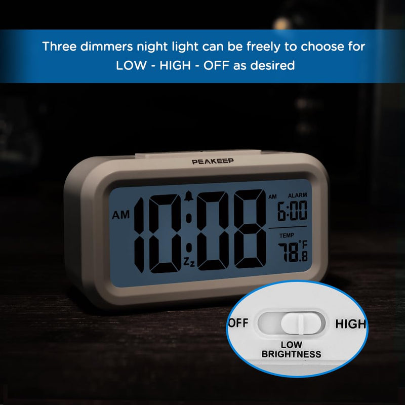 Peakeep Night Light Digital Alarm Clock Battery Operated with Indoor Temperature, Desk Small Clock (White) White