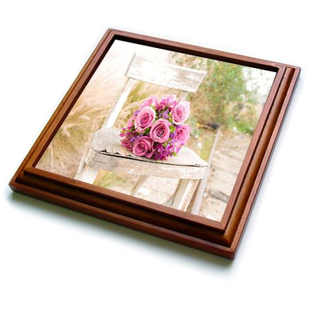 3dRose Shabby Chic Image with Country Chair N Pink Roses Trivet with Ceramic Tile, 8 by 8", Brown