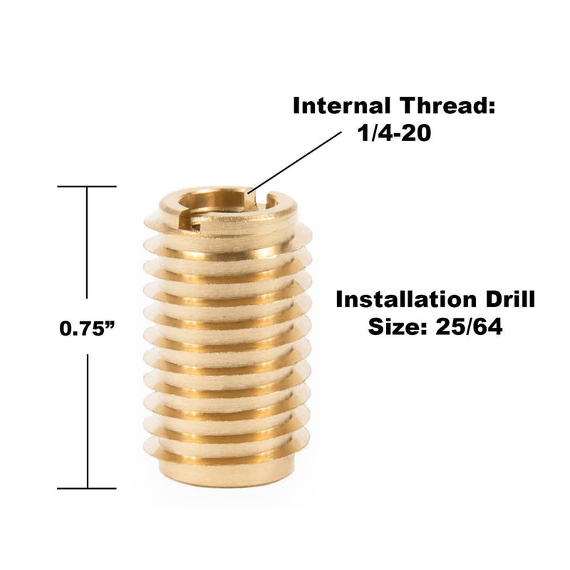 E-Z LOK EZ-400-475 Threaded Inserts for Wood Installation Kit, Brass Thread Inserts, 1/4-20 Internal Threads, 0.75" Length, 8 Inserts, 1 Drill, 1 Installation Tool