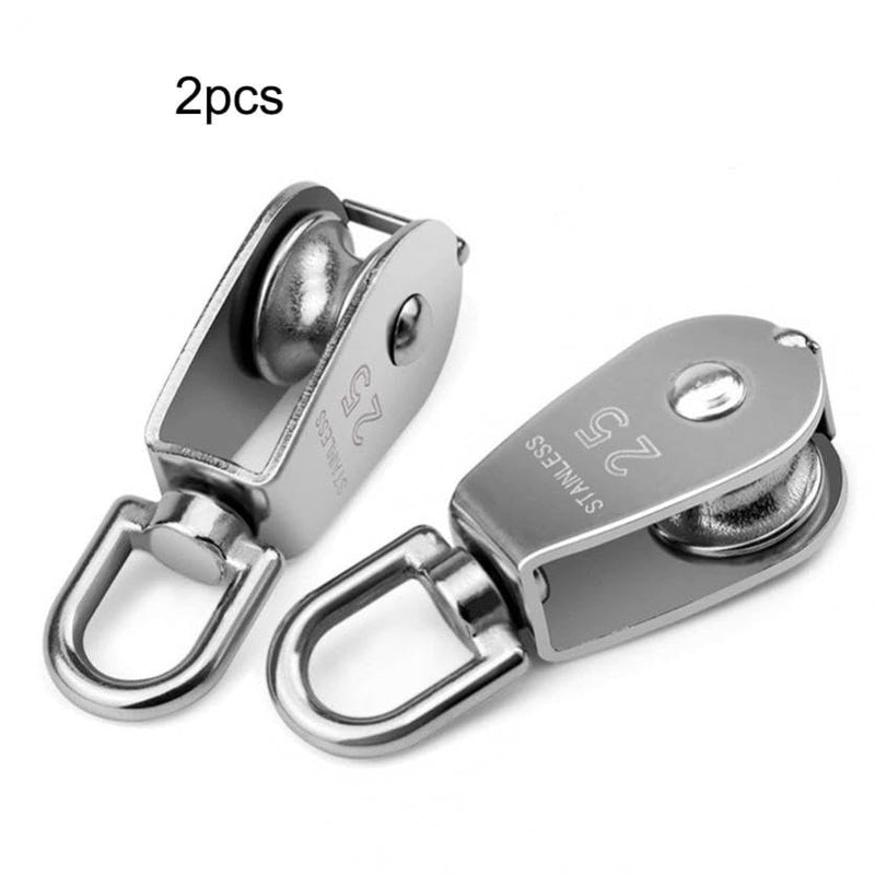 2Pcs M25 Single Pulley Block 304 Stainless Steel Swivel Cable Pulleys for Lifting/Hanging, Heavy Duty Rope Single Wheel Kit, Max-Load 150kg/330lbs