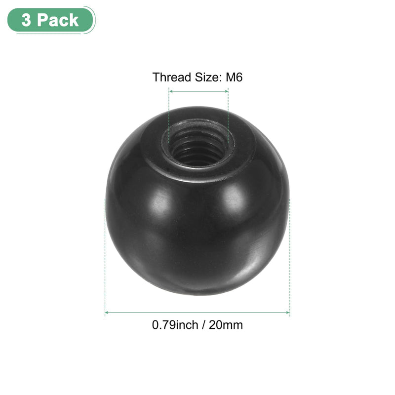3-Pack Threaded Ball Knobs, M6 Female Thread 20mm Dia. Thermoset Ball Knob for Lathe/Machine/Lawn Mowers, Round Phenolic Lever Handle [Black] M6x20mm Black