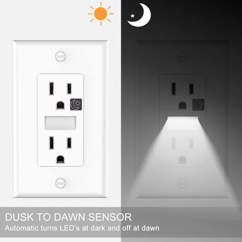 SOZULAMP Night Light Wall Outlet-Easy to Install,Standard Electrical Outlets with Nightlight,White,2 Pole 3 Wire,Non-Tamper Resistant,Wall Plate Included(4Pack,Daylight White LED) Non-Tamper Resistant Daylight White LED