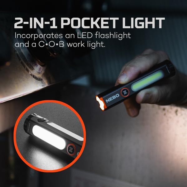 NEBO Mini Larry 500 Pocket Flashlight | 500 Lumens, 2 Light Modes, Compact, Rechargeable COB Work Light & Mini Flashlight, Magnetic Base & Steel Clip, Waterproof, Includes USB-C Charging Cable Pocket Light