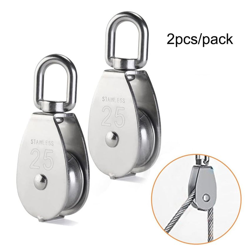 2Pcs M25 Single Pulley Block 304 Stainless Steel Swivel Cable Pulleys for Lifting/Hanging, Heavy Duty Rope Single Wheel Kit, Max-Load 150kg/330lbs