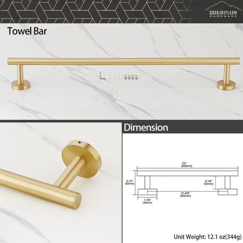 QOGRISUN Brass Towel Bar for Bathroom,Gold Towel Holder Heavy Duty, Modern Brass Bathroom Accessories Wall Mounted,24-Inches Total Length, Brushed Brass Towel Holder-4Set Brushed Gold
