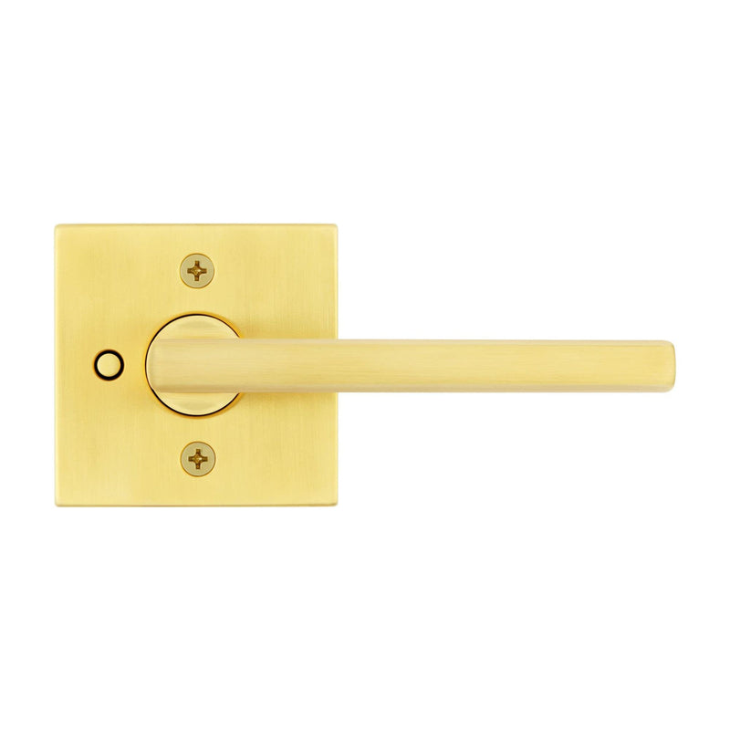 Kwikset Halifax Interior Privacy Door Handle with Lock, Door Lever For Bathroom and Bedroom, Satin Brass Reversible Keyless Push Button Lock Door Lever, with Microban Protection, Square Rose