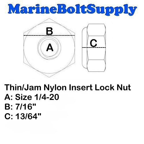 Stainless Steel Thin Jam Nylon Insert Lock Nuts 1/4-20 (pack of 50) Marine Bolt Supply