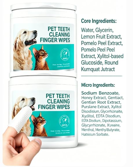 Pet Teeth Cleaning Finger Wipes，Disposable Wet Wipes 50ct，Pet Dental Finger Wipes for Dogs & Cats，Reduces Plaque and Freshens Breath, Removes Tartar