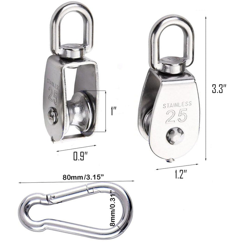 TooTaci 25MM Pulley System, M25 Pulley Block with Rope and Hooks, 2 Packs Stainless Steel M25 Single Pulley Wheel, 66ft Nylon Pulley Rope & Carabiner for Indoor Outdoor Lifting Project 4MMrope
