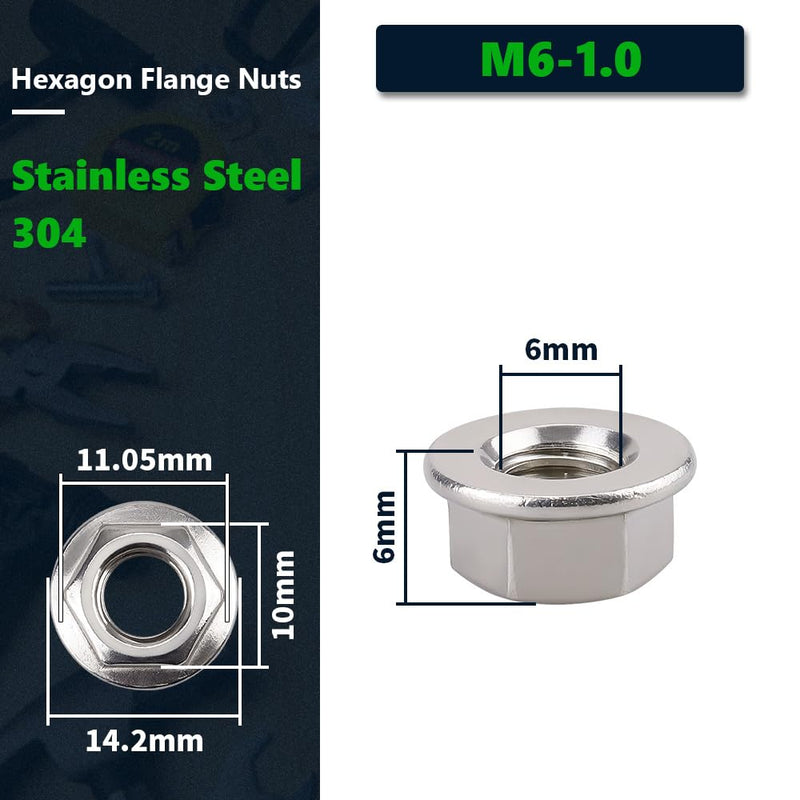 (50 PCS) M6-1.0 Hexagon Flange Nuts with Non-Serrated Flange Washer Head, 304 Stainless Steel, Hex Drive, Full Thread 50