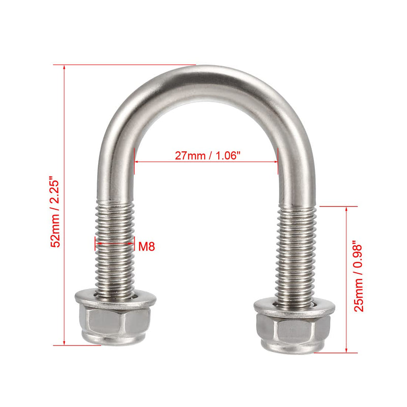uxcell U-Bolts 4Pcs 1.06"(27mm) Inner Width 52mm Length M8 304 Stainless Steel Round U Bolt with Nuts Washers for Boat Trailer Axle M8x27x52mm