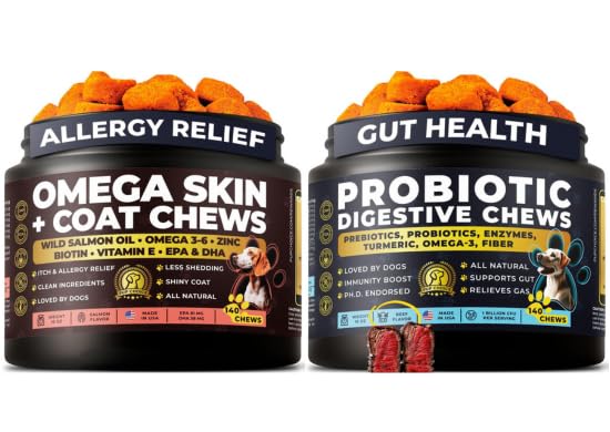 Probiotic + Omega-3 Dog Supplement Bundle — Daily Chews with Probiotics & Salmon Oil, Biotin & Zinc — Supports Digestive, Immune, Skin, Coat & Joint Health — 140 + 140 Chews