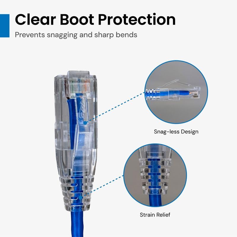 ICC CAT6 Slim Ethernet Patch Cord with Clear Boot Strain Relief, RJ45, Stranded, 550 MHz, UTP, Pure Bare Copper Wire, 28 AWG, LAN Network Patch Cable, Blue, 1 FT, 25-Pack 25 Pack