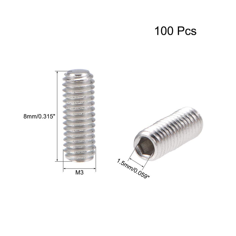 uxcell 100Pcs M3x8mm Internal Hex Socket Set Grub Screws Flat Point 304 Stainless Steel Screw