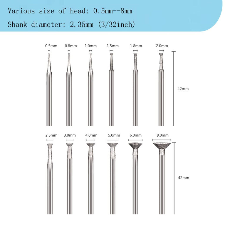 Bowl Shape Diamond Burr - 3/32'' Shank Diamond Burs Wire Rounder Bits fits Rotary Tool (Pack of 13)