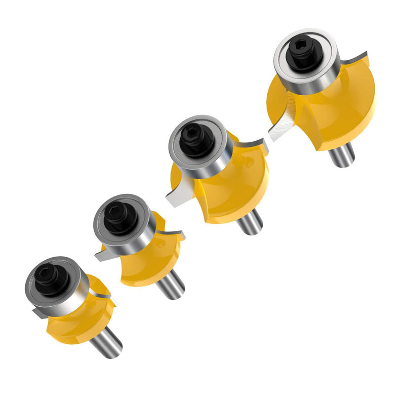 Roundover Router Bit Set，4pcs Router bit Set，1/4 inch Shank，Radius in 1/8", 1/4", 3/16", 5/16"，Bearing Guide for Rounding Edge bit