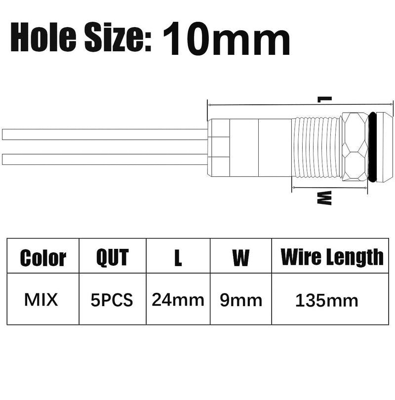 5pcs 10mm AC/DC 12-24V LED Metal Indicator Light Waterproof Signal Lamp Pilot Dash Directional Car Truck Boat with Wire Multicolored AC/DC 12-24V