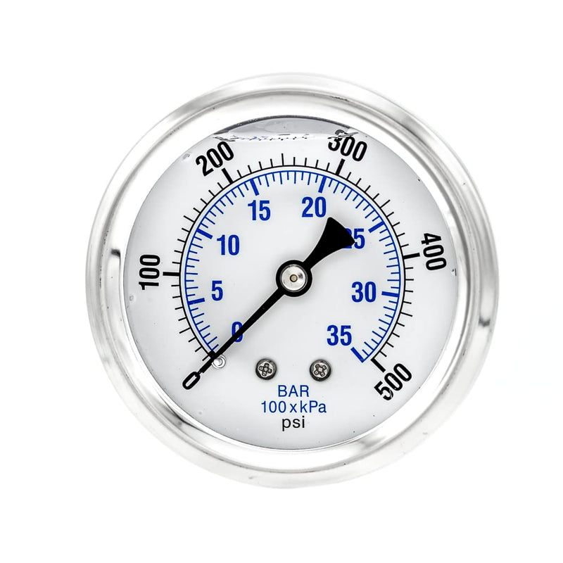 Liquid Filled Center Back Mount Pressure Gauge with 2.5" Dial, 0-500 PSI, 1/4" Male NPT Connection, Stainless Steel CASE and Bezel (1)