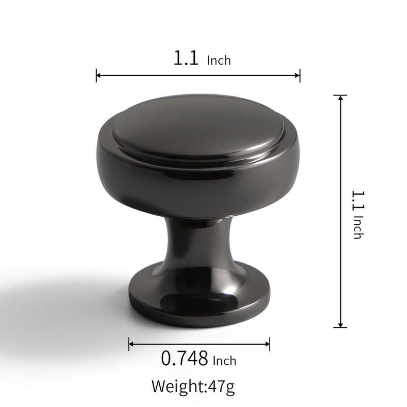 YAGU 10 Pack Polished Black Kitchen Cabinet Knobs 1.1 Inch Round Solid Dresser Drawer Knob Dark Grey Modern Hardware Bright Gunmetal Pulls for Closet Cupboard Wardrobe