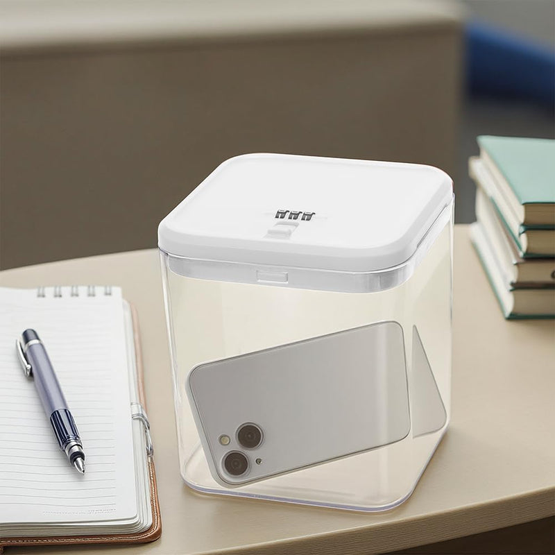 Clear Medicine Lock Box with code, Small Food Snack Phone medication Lock Boxes for Personal Items Combination Electronics Organizer,Phone Jail,Gaming Device Lockable Boxes White Lid + Clear Base