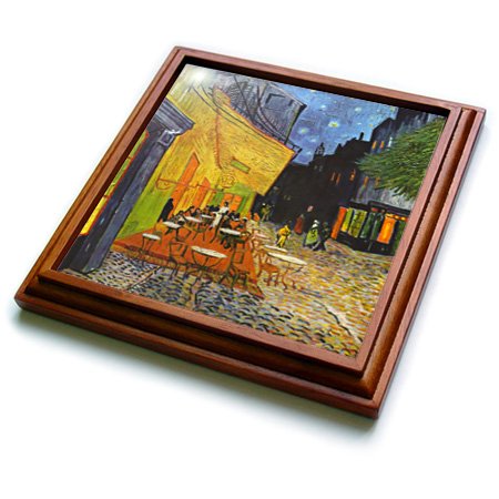 3dRose Cafe Terrace at Night by Vincent Van Gogh-1888-Restaurant French Street Painting Trivet with Ceramic Tile, 8 by 8", Brown